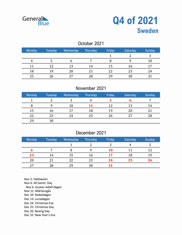 Sweden 2021 Quarterly Calendar with Monday Start