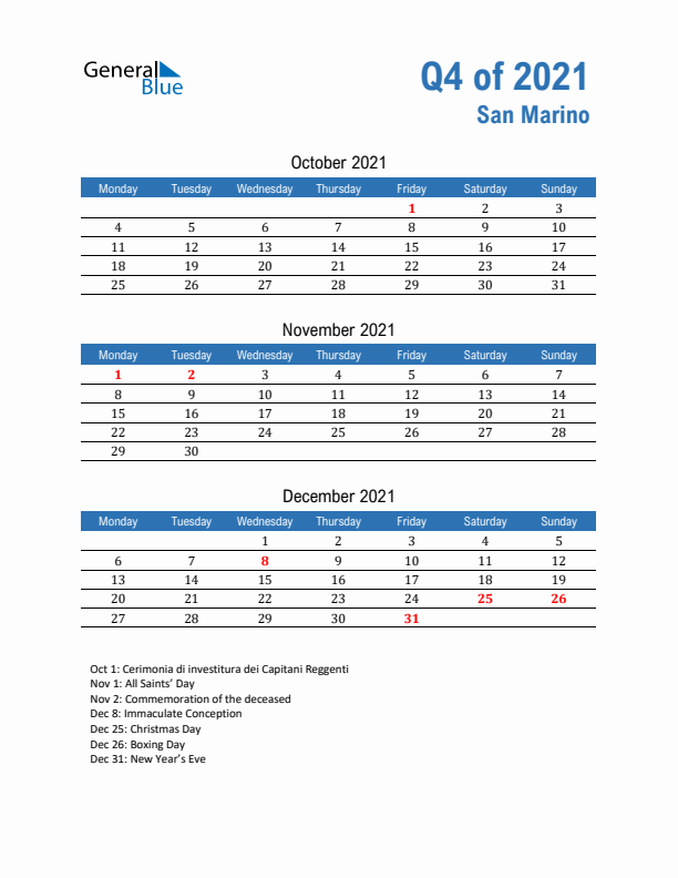 San Marino 2021 Quarterly Calendar with Monday Start