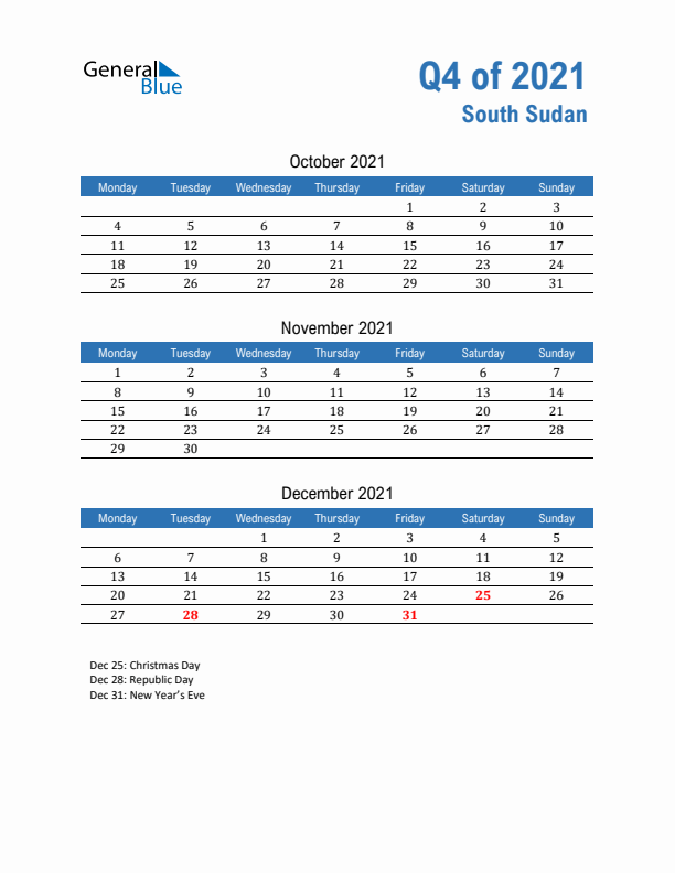 South Sudan 2021 Quarterly Calendar with Monday Start