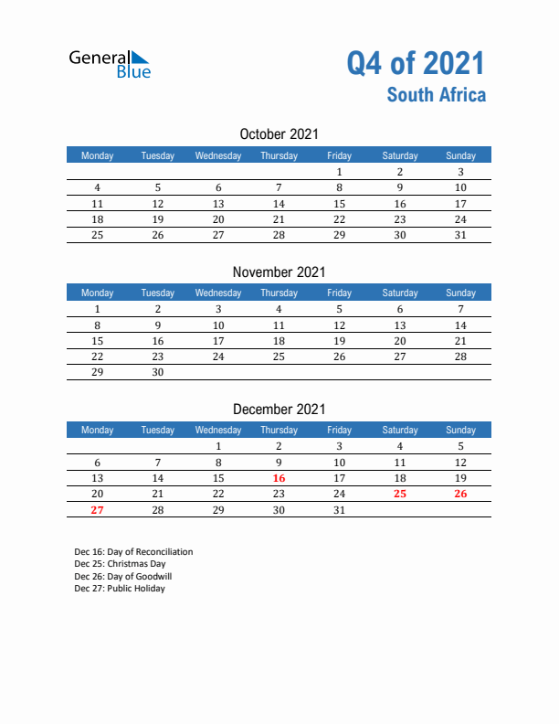 South Africa 2021 Quarterly Calendar with Monday Start