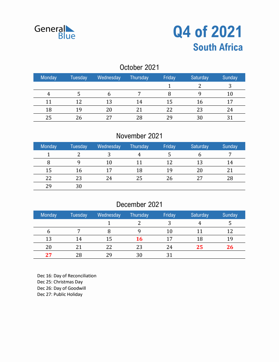 South Africa 2021 Quarterly Calendar with Monday Start