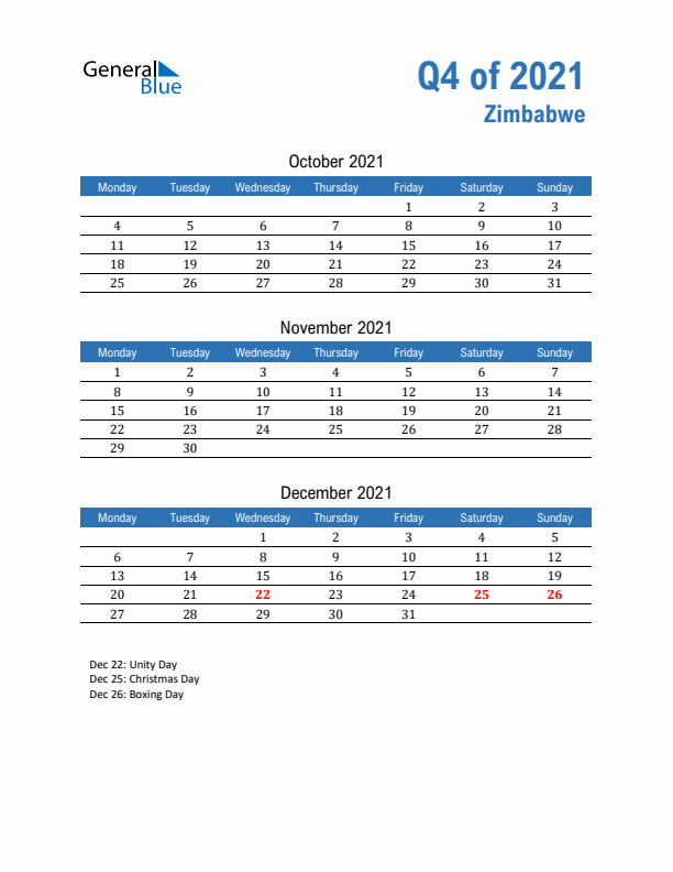 Zimbabwe 2021 Quarterly Calendar with Monday Start
