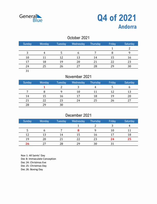 Andorra 2021 Quarterly Calendar with Sunday Start