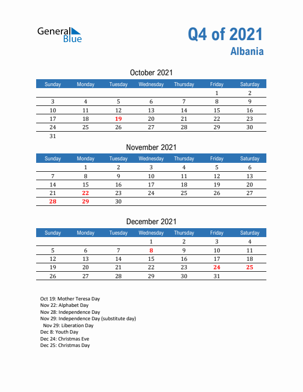 Albania 2021 Quarterly Calendar with Sunday Start