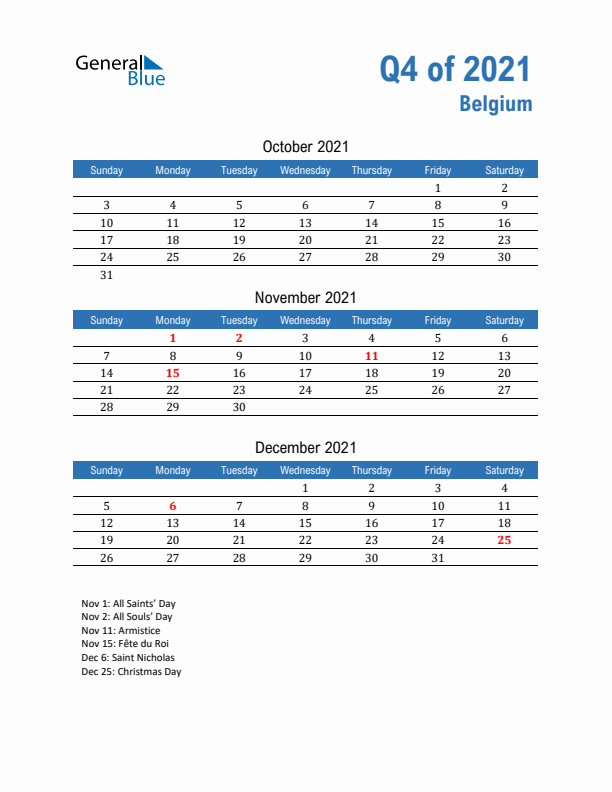 Belgium 2021 Quarterly Calendar with Sunday Start
