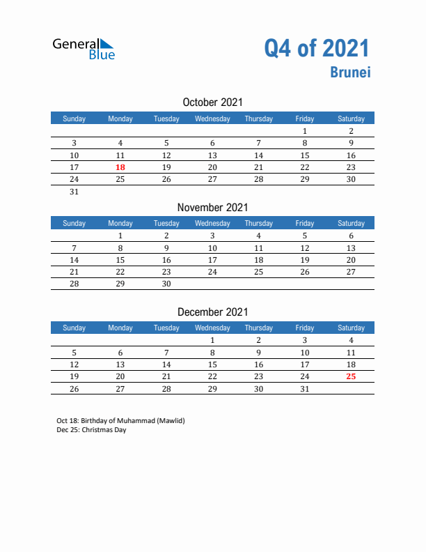 Brunei 2021 Quarterly Calendar with Sunday Start