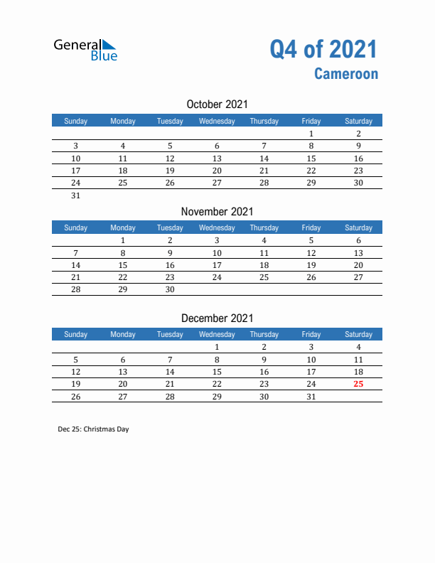 Cameroon 2021 Quarterly Calendar with Sunday Start