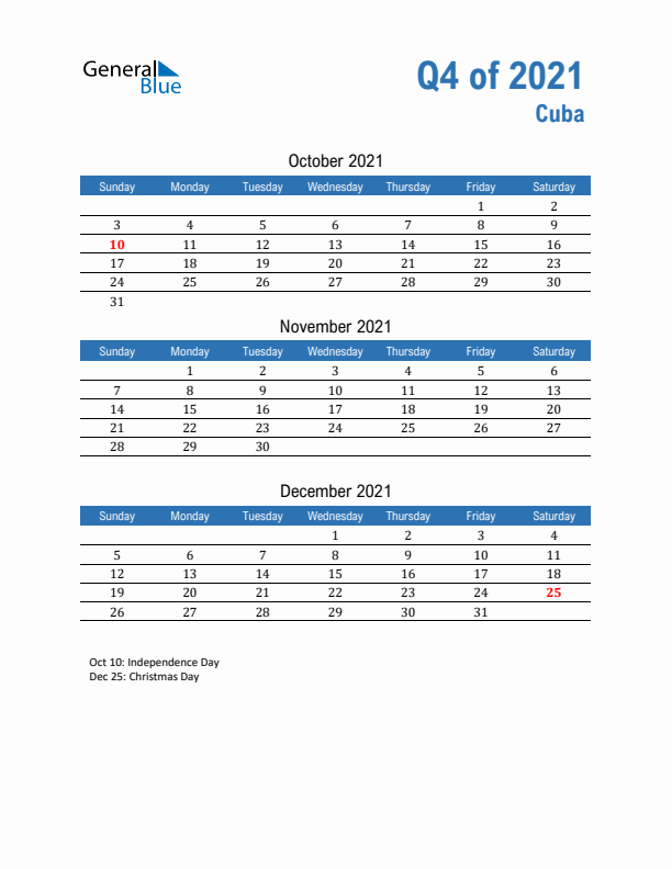 Cuba 2021 Quarterly Calendar with Sunday Start