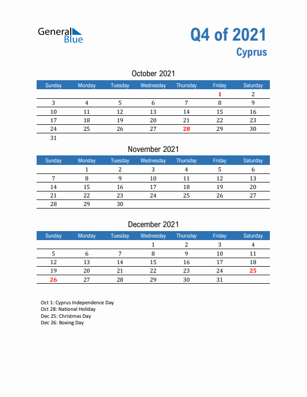 Cyprus 2021 Quarterly Calendar with Sunday Start