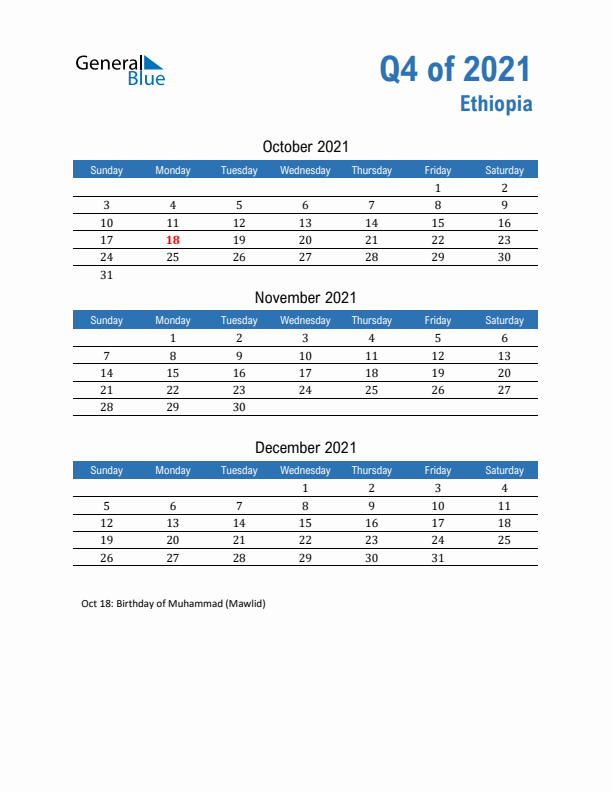 Ethiopia 2021 Quarterly Calendar with Sunday Start
