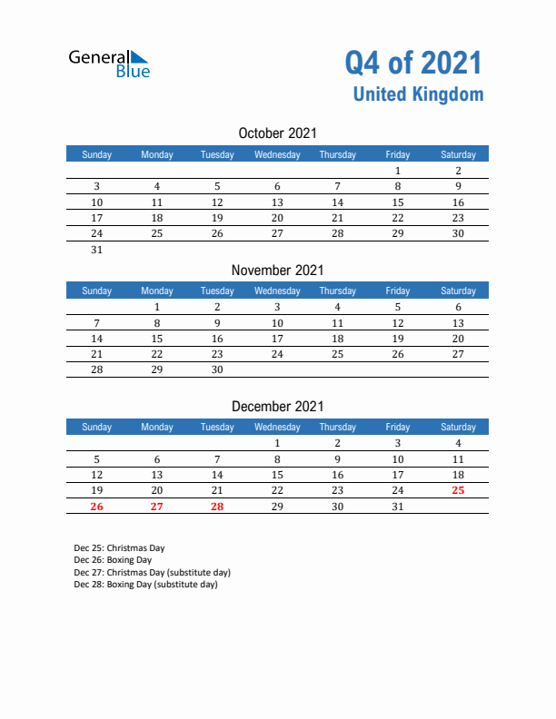 United Kingdom 2021 Quarterly Calendar with Sunday Start