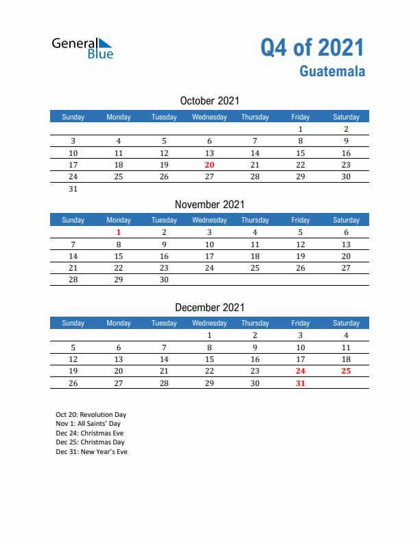 Guatemala 2021 Quarterly Calendar with Sunday Start