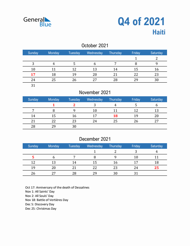 Haiti 2021 Quarterly Calendar with Sunday Start