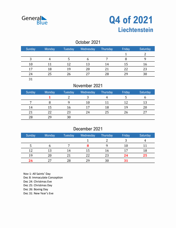 Liechtenstein 2021 Quarterly Calendar with Sunday Start