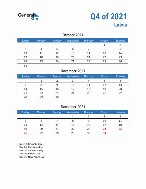 Latvia 2021 Quarterly Calendar with Sunday Start