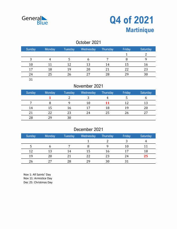 Martinique 2021 Quarterly Calendar with Sunday Start