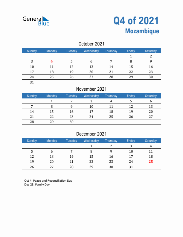 Mozambique 2021 Quarterly Calendar with Sunday Start