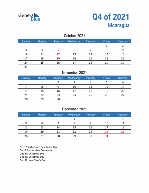 Nicaragua 2021 Quarterly Calendar with Sunday Start