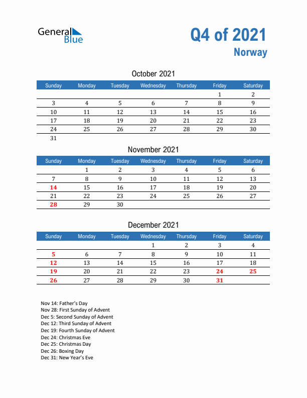Norway 2021 Quarterly Calendar with Sunday Start