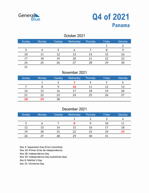 Panama 2021 Quarterly Calendar with Sunday Start