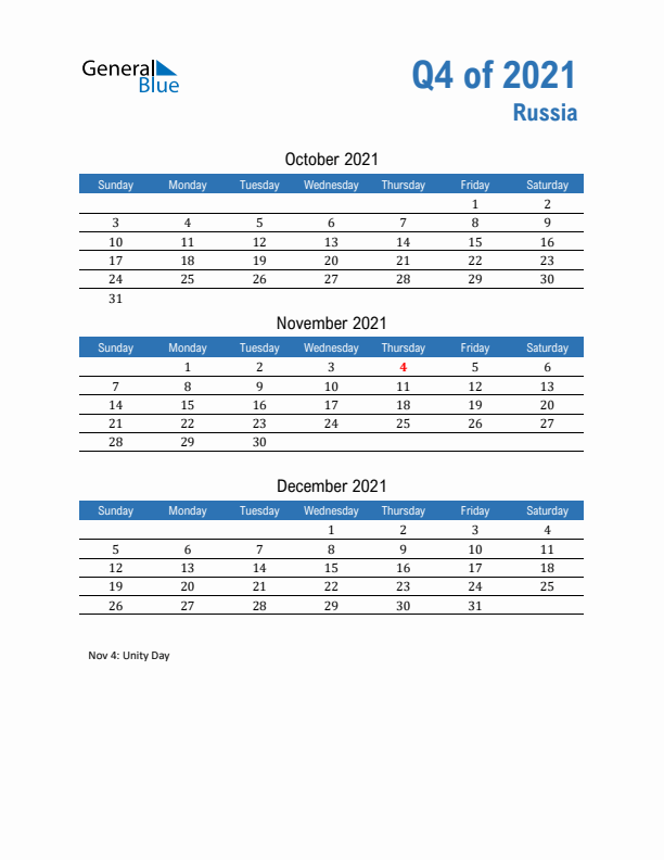 Russia 2021 Quarterly Calendar with Sunday Start