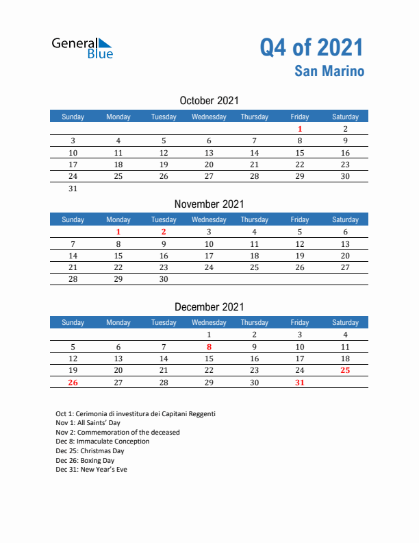 San Marino 2021 Quarterly Calendar with Sunday Start