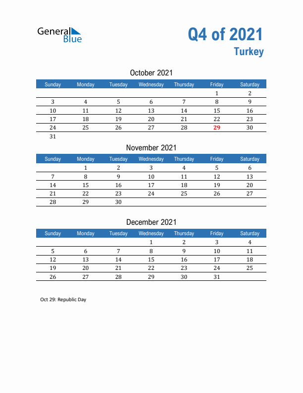 Turkey 2021 Quarterly Calendar with Sunday Start