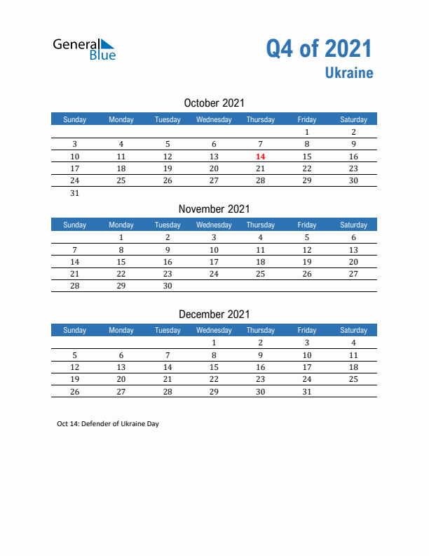 Ukraine 2021 Quarterly Calendar with Sunday Start