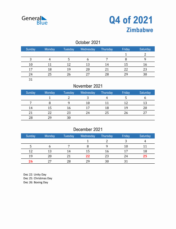 Zimbabwe 2021 Quarterly Calendar with Sunday Start