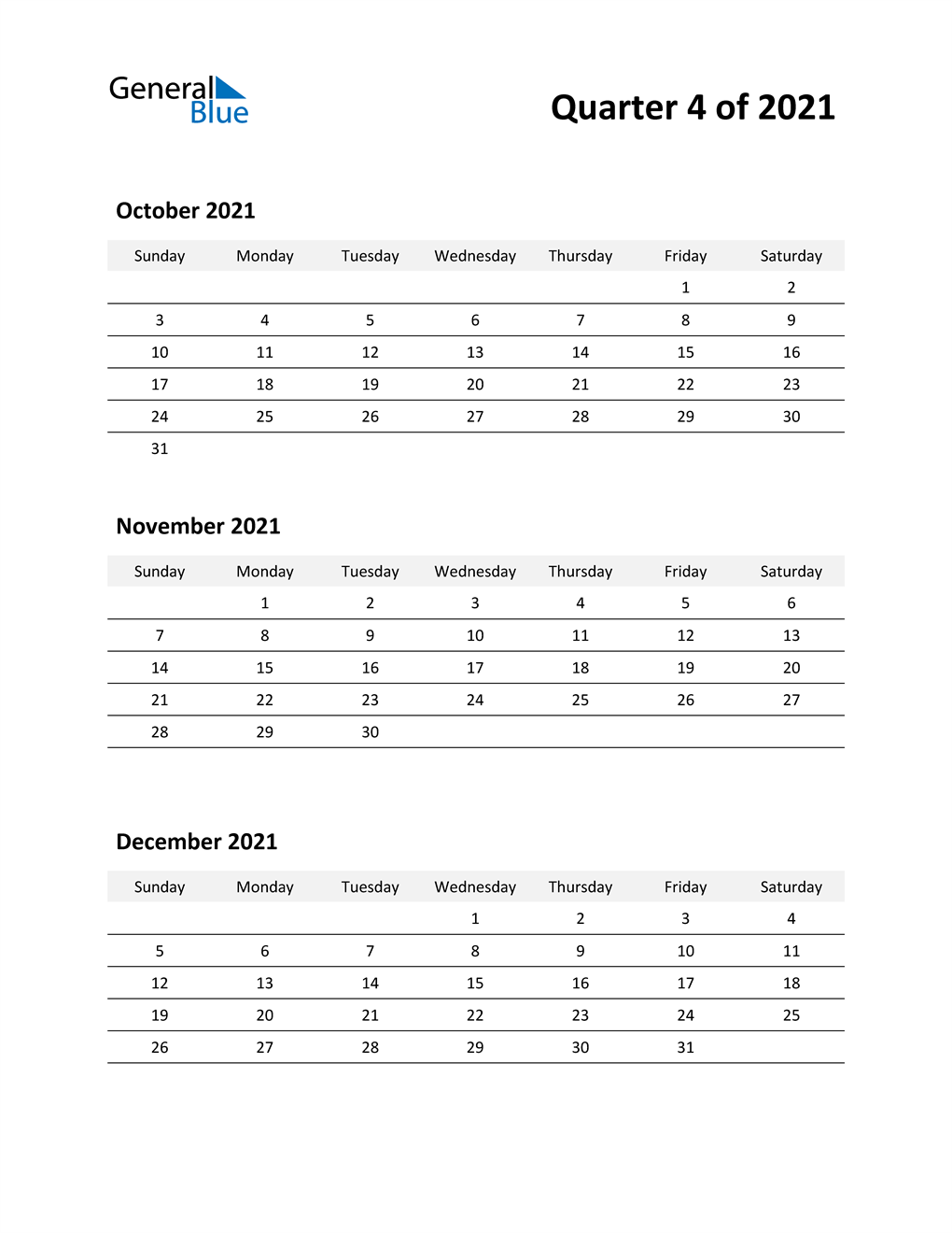 Q4 2021 Quarterly Calendar (PDF Word Excel)
