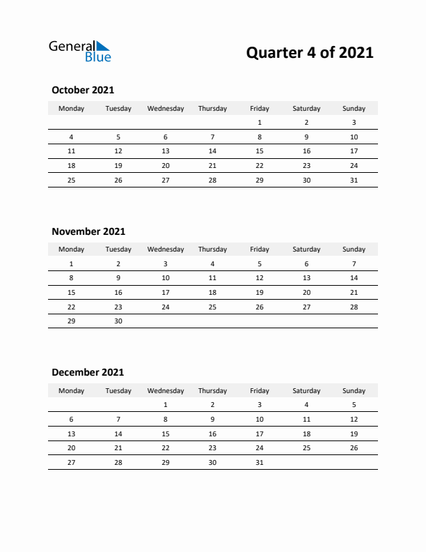 2021 Three-Month Calendar (Quarter 4)