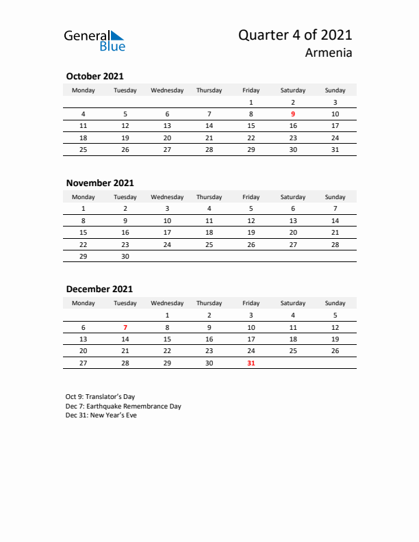 2021 Three-Month Calendar for Armenia