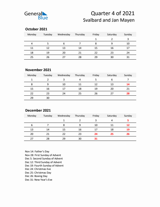 2021 Three-Month Calendar for Svalbard and Jan Mayen