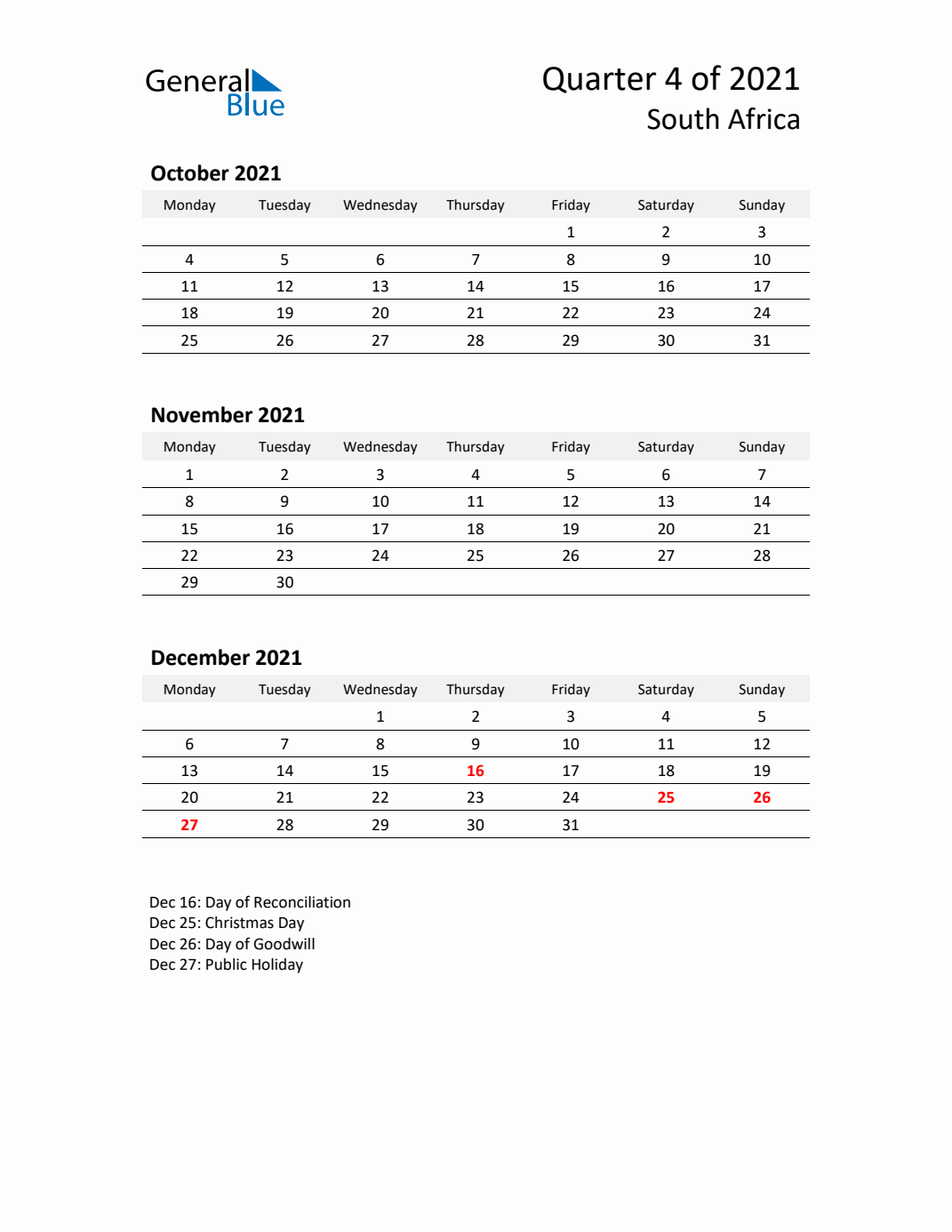 Q4 2021 Monday Start Quarterly Calendar with South Africa Holidays