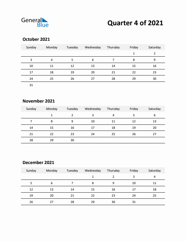 2021 Three-Month Calendar (Quarter 4)
