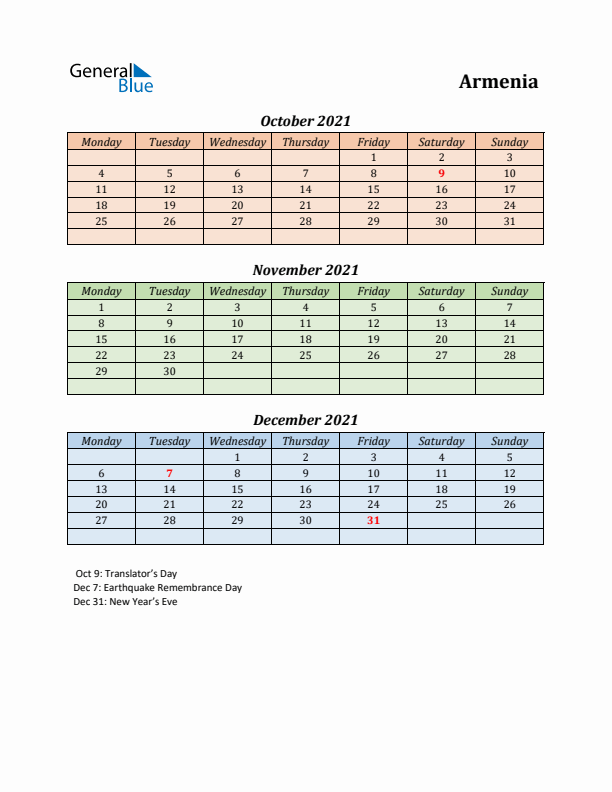 Q4 2021 Holiday Calendar - Armenia