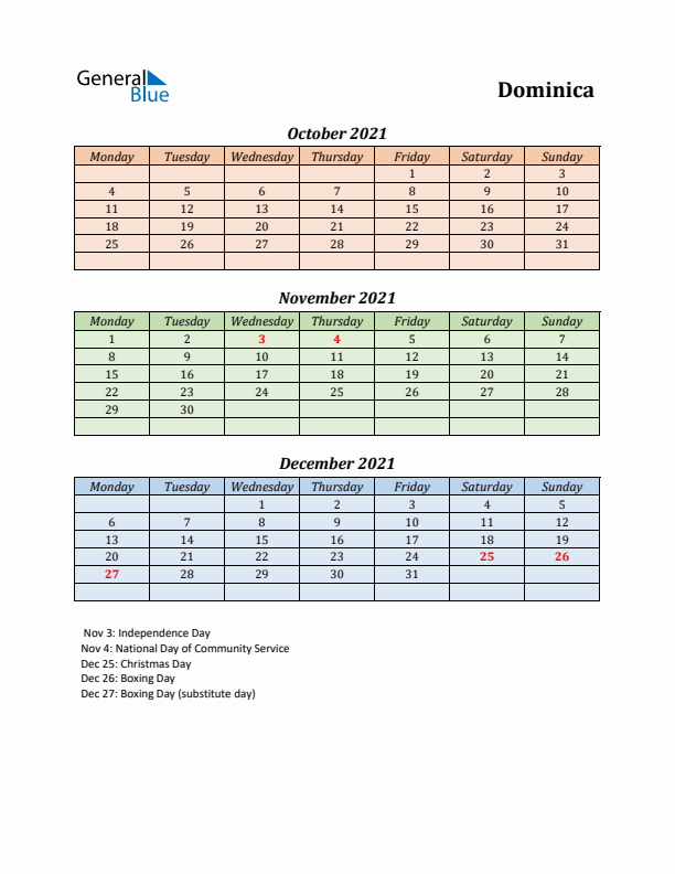 Q4 2021 Holiday Calendar - Dominica