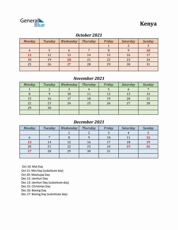 Q4 2021 Holiday Calendar - Kenya
