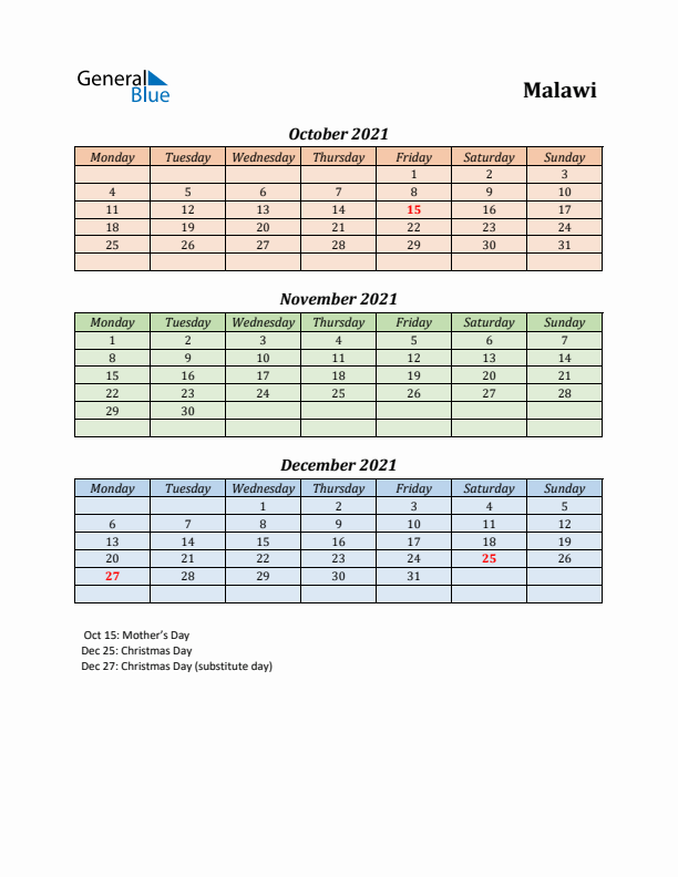 Q4 2021 Holiday Calendar - Malawi