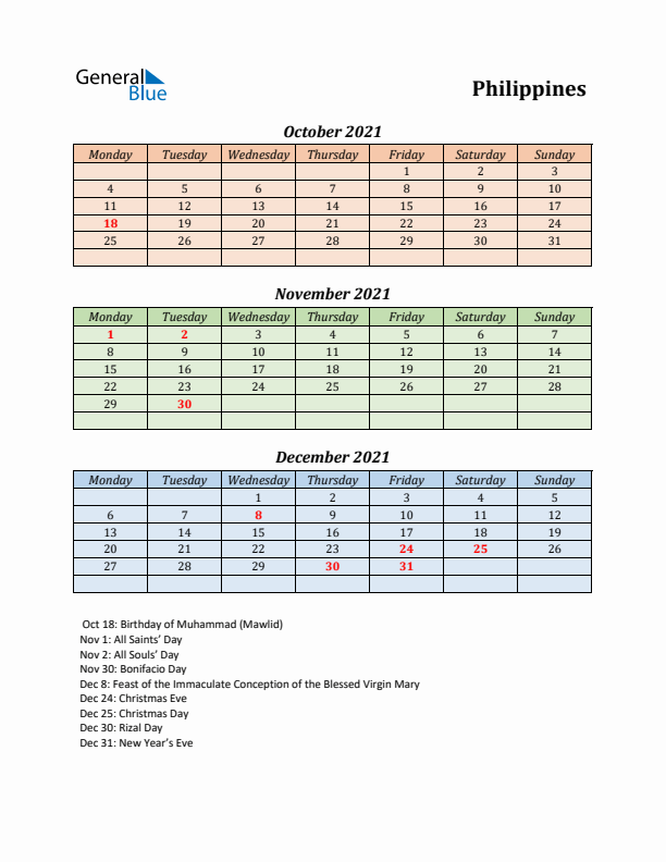 Q4 2021 Holiday Calendar - Philippines