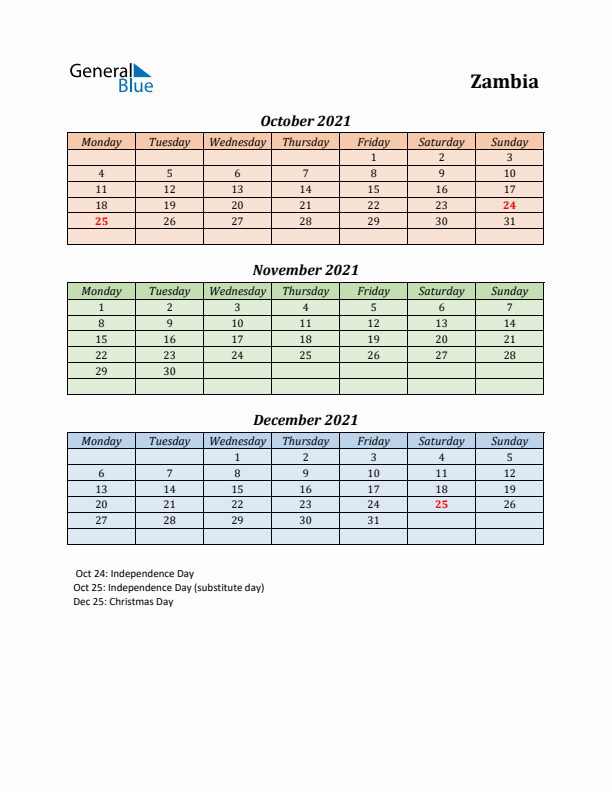 Q4 2021 Holiday Calendar - Zambia