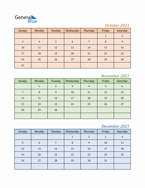 Three-Month Calendar for Year 2021 (October, November, and December)