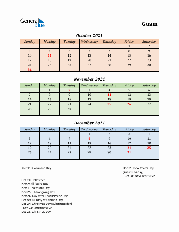 Q4 2021 Holiday Calendar - Guam