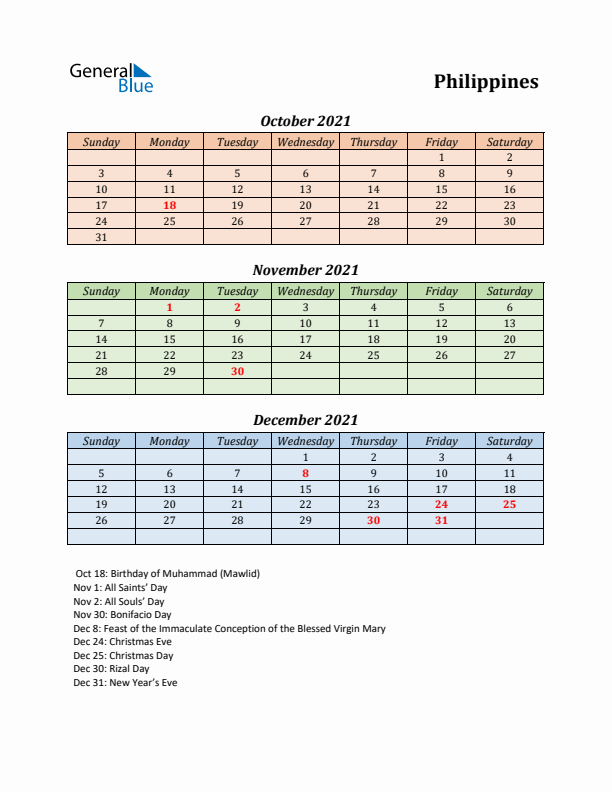Q4 2021 Holiday Calendar - Philippines