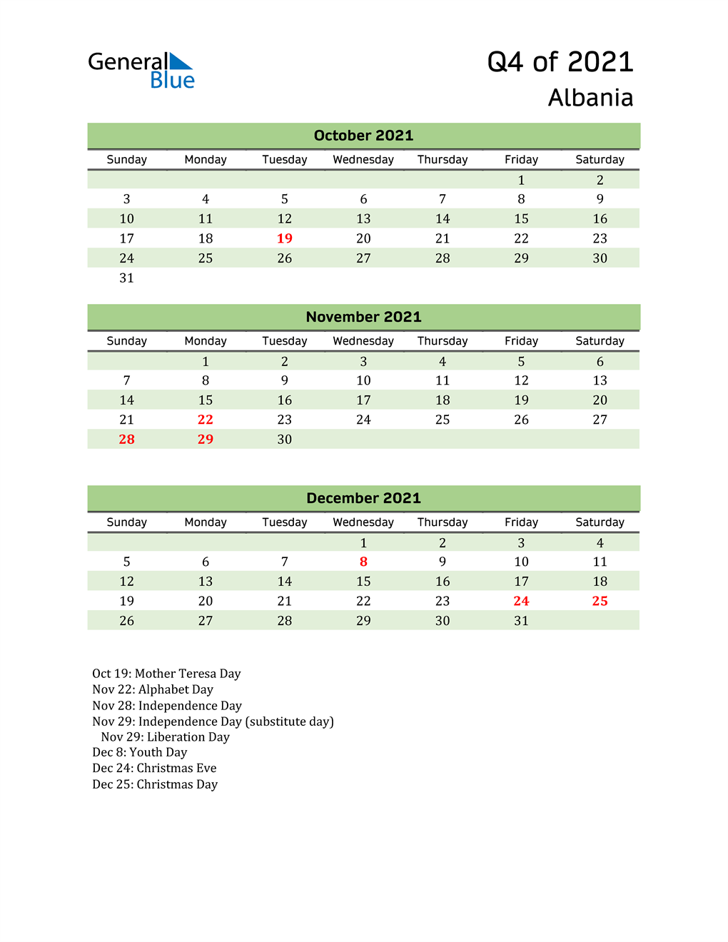  Quarterly Calendar 2021 with Albania Holidays 