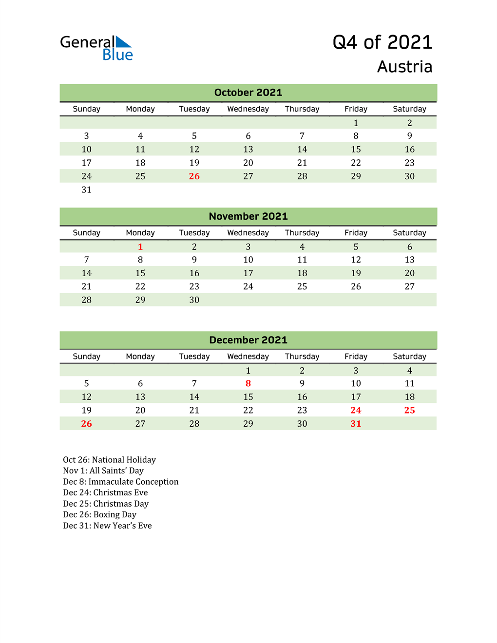  Quarterly Calendar 2021 with Austria Holidays 