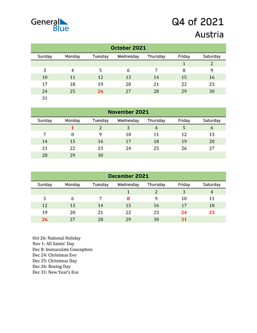  Quarterly Calendar 2021 with Austria Holidays 