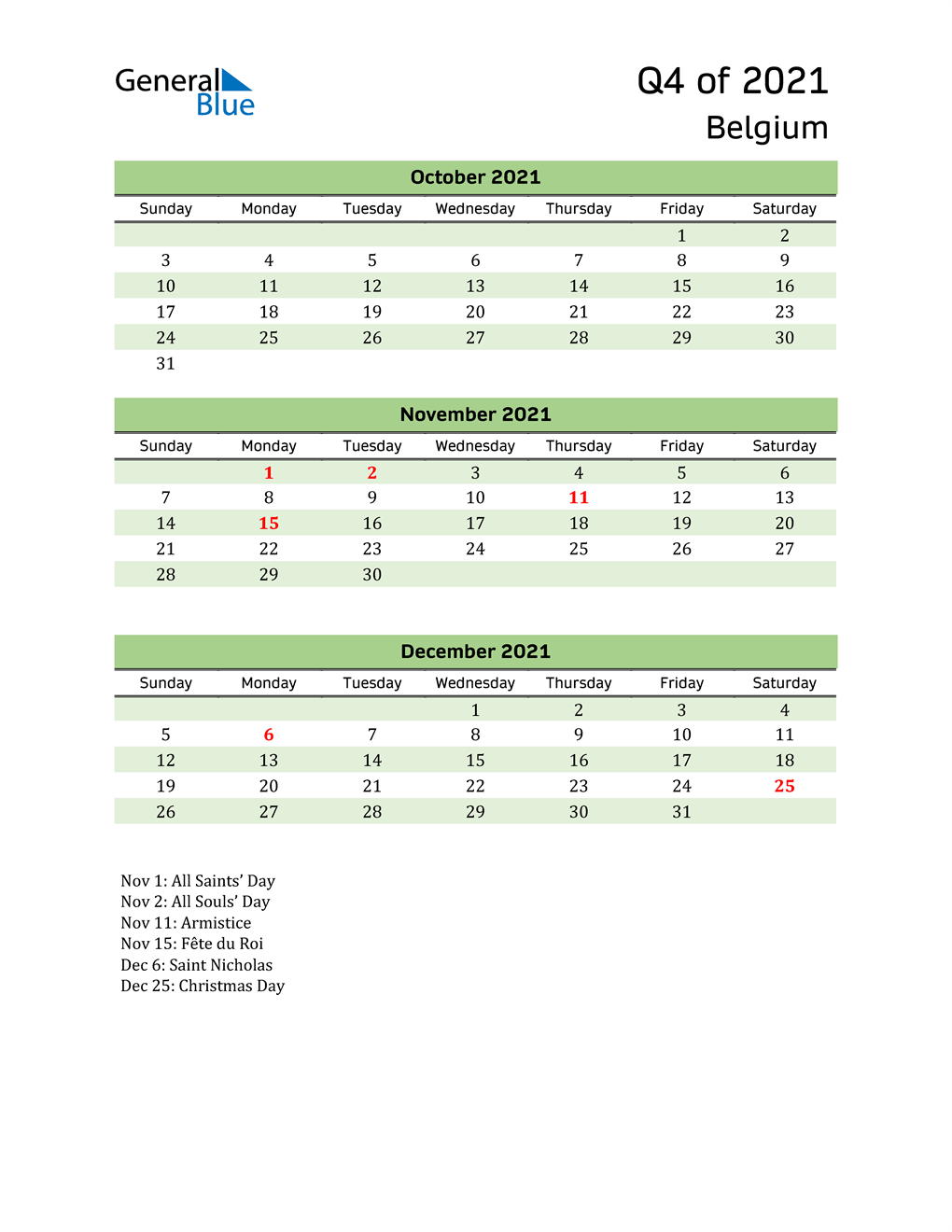  Quarterly Calendar 2021 with Belgium Holidays 