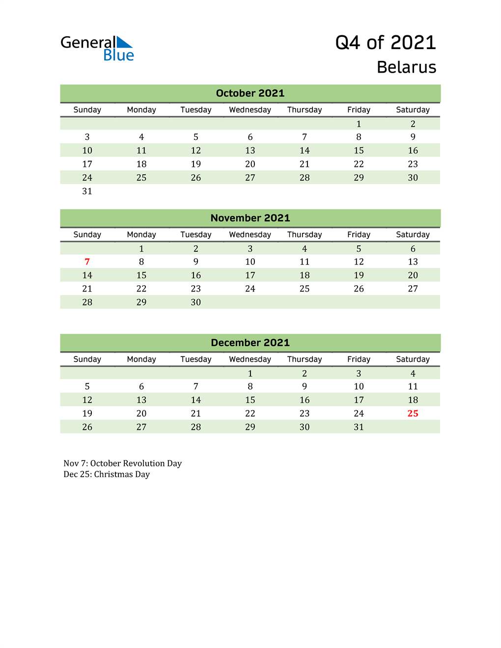  Quarterly Calendar 2021 with Belarus Holidays 