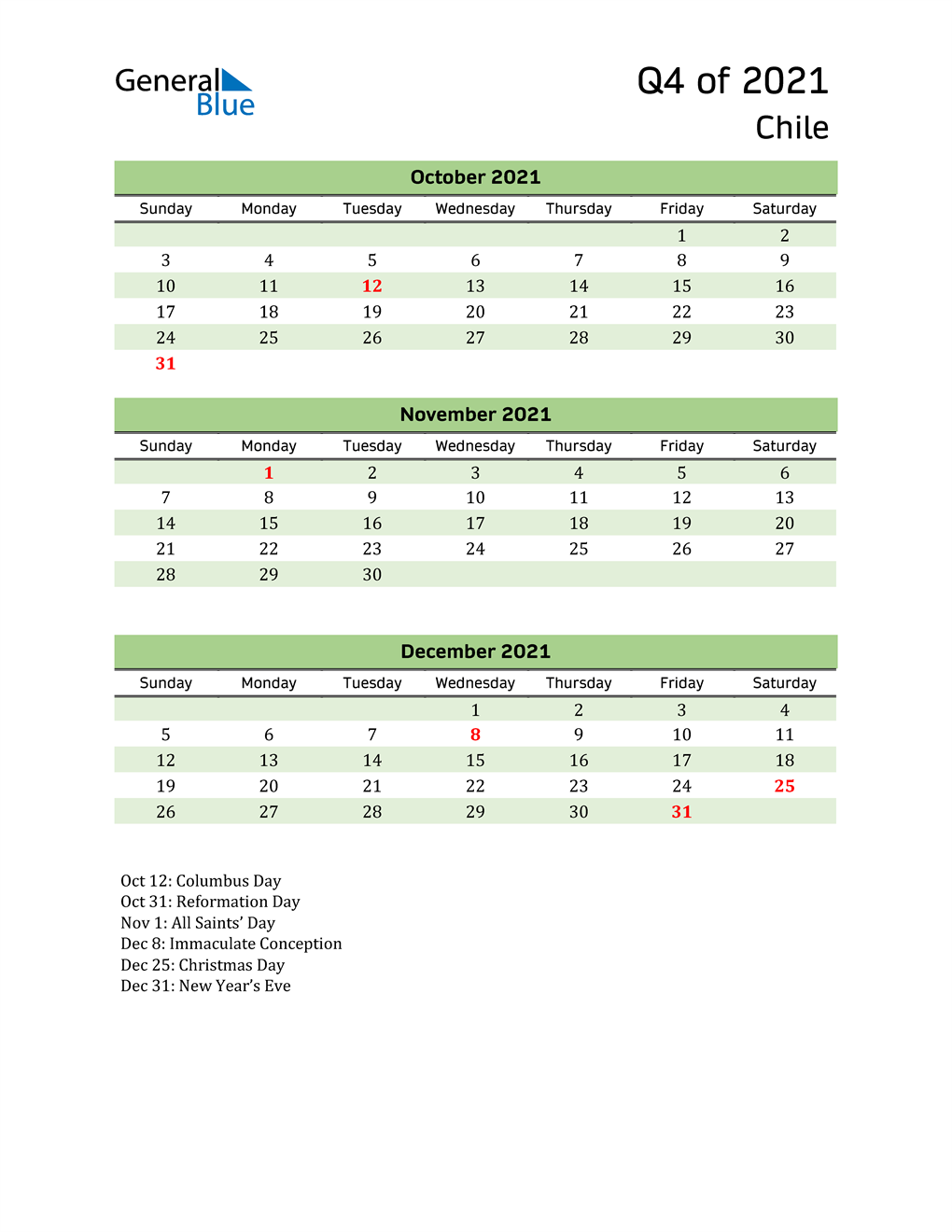  Quarterly Calendar 2021 with Chile Holidays 